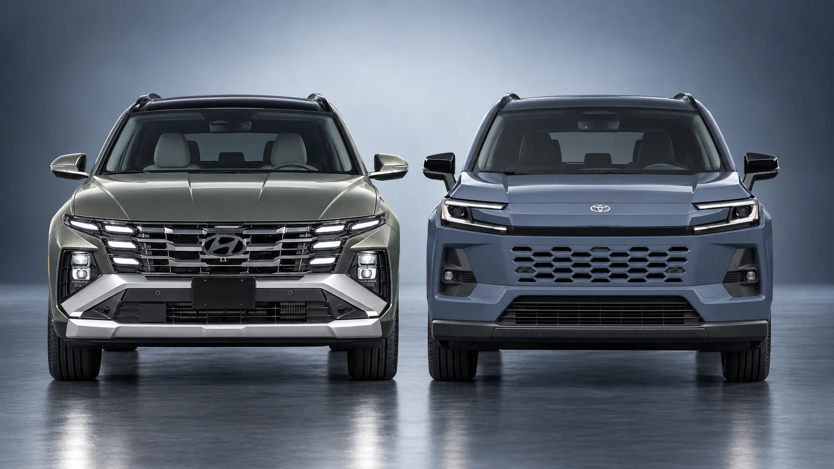 Head-on studio comparison of a grey Hyundai Tucson Hybrid and blue-grey Toyota RAV4 Hybrid.