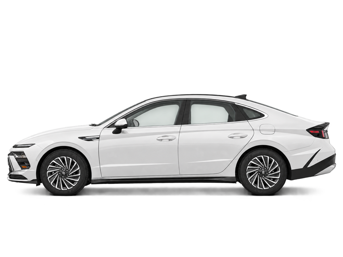 AI-generated transparent studio cutout of a white 2026 Hyundai Sonata Preferred-Trend Hev; illustrative, not a photo of this stock vehicle.