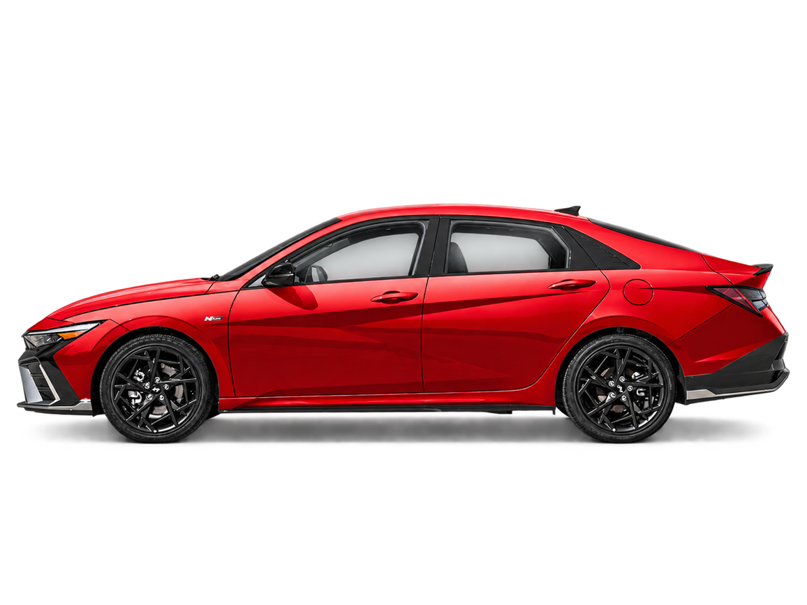 AI-generated transparent studio cutout of a red 2026 Hyundai Elantra N Line Ultimate; illustrative, not a photo of this stock vehicle.