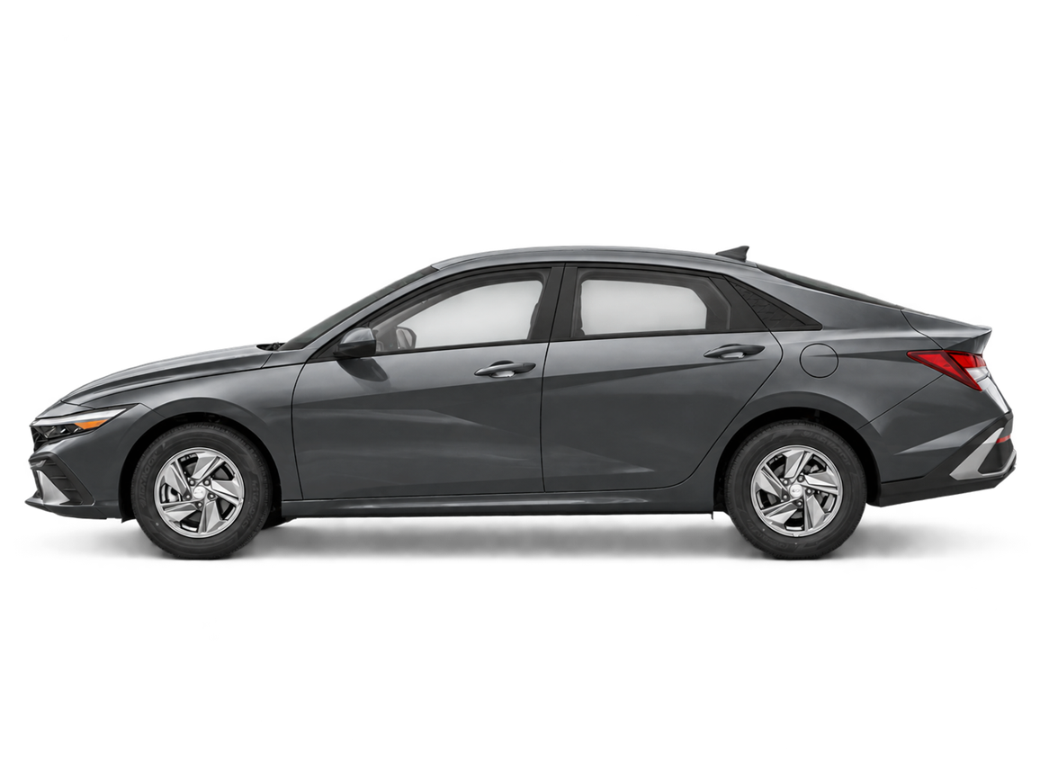 AI-generated transparent studio cutout of a grey 2026 Hyundai Elantra Essential; illustrative, not a photo of this stock vehicle.