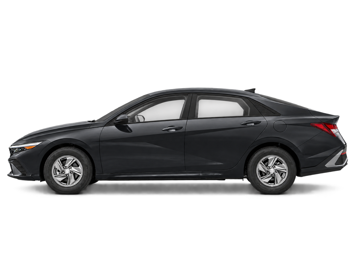 AI-generated transparent studio cutout of a black 2026 Hyundai Elantra Essential; illustrative, not a photo of this stock vehicle.