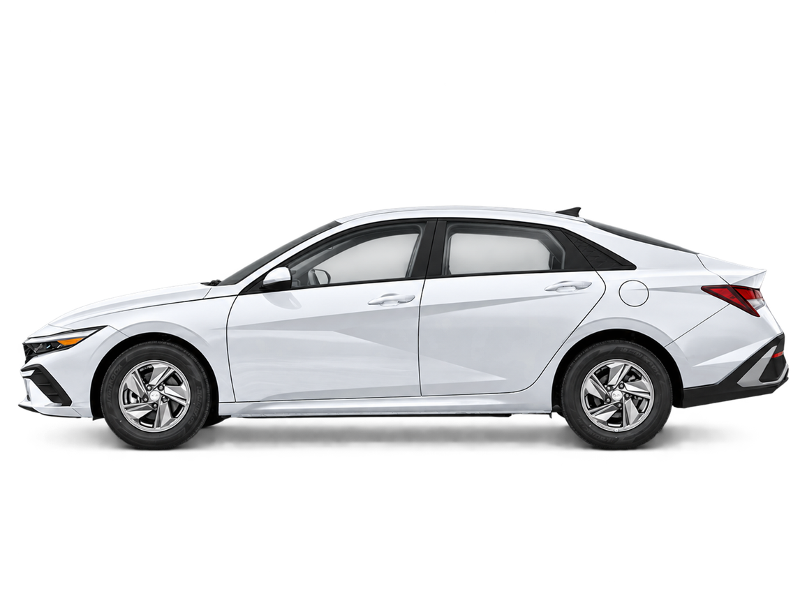 AI-generated transparent studio cutout of a white 2026 Hyundai Elantra Essential; illustrative, not a photo of this stock vehicle.