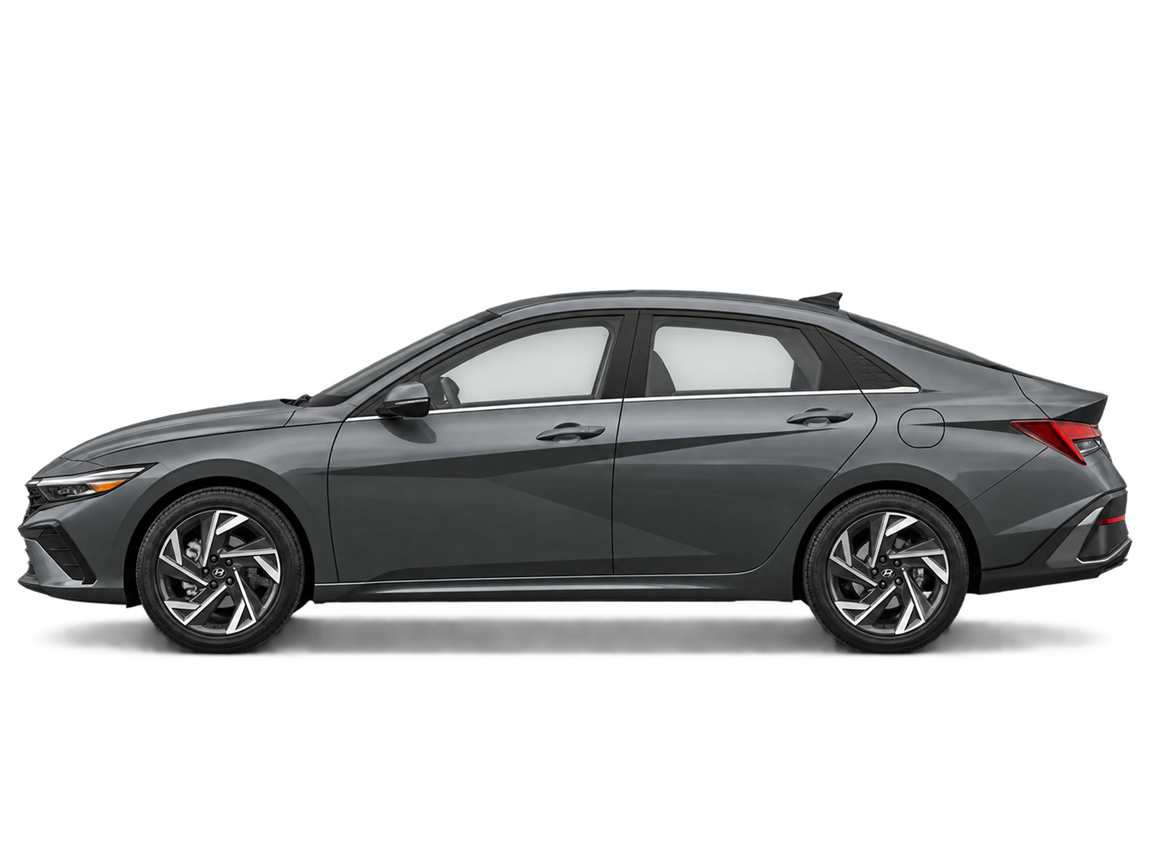 AI-generated transparent studio cutout of a grey 2026 Hyundai Elantra Hybrid Hev Luxury; illustrative, not a photo of this stock vehicle.