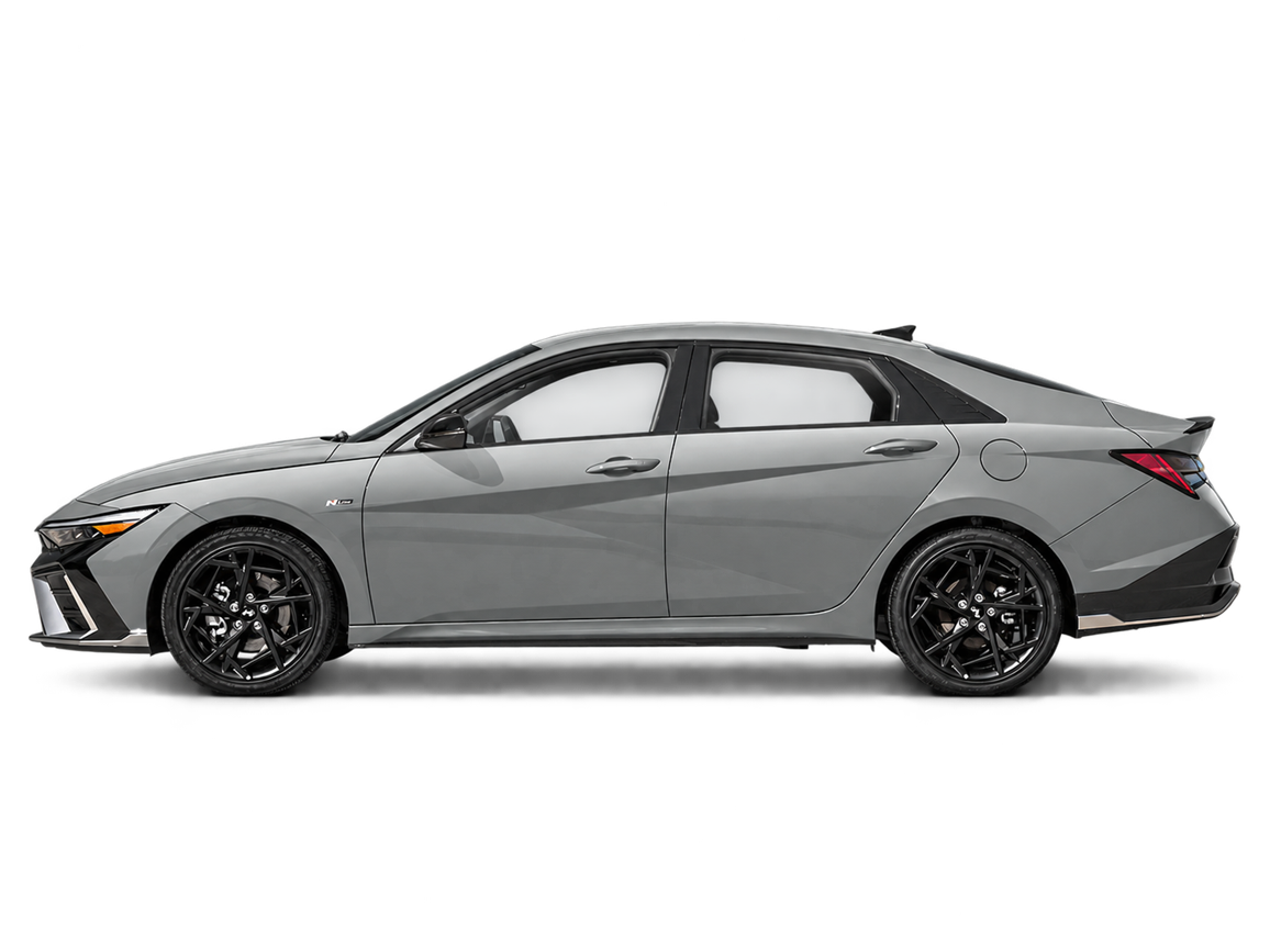 AI-generated transparent studio cutout of a silver 2026 Hyundai Elantra Essential; illustrative, not a photo of this stock vehicle.